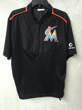 VTG Miami Marlins MLB Half Zip Short Sleeve Training Jacket Black Orange Promo
